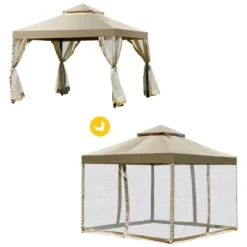 Costway Outdoor 2-Tier 10'x10' Gazebo Canopy Shelter Awning Tent Patio Garden Screw-free Structure Brown -Coleman Camp Shop GUEST 071f71a0 1d1f 4247 861f f512f8a4f618