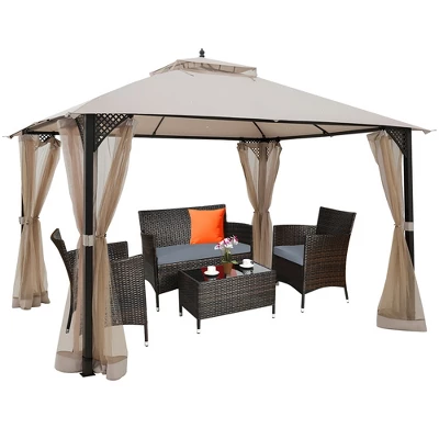 Costway 12' X 10' Outdoor Patio Gazebo Canopy Shelter Double Top Sidewalls Netting Brown Beige 9 Costway 12' X 10' Outdoor Patio Gazebo Canopy Shelter Double Top Sidewalls Netting Brown Beige - Image 7