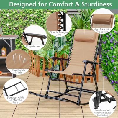 Costway Folding Zero Gravity Rocking Chair Rocker Porch Outdoor Patio Headrest Beige 9 Costway Folding Zero Gravity Rocking Chair Rocker Porch Outdoor Patio Headrest Beige - Image 7