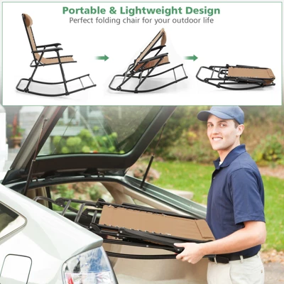 Costway Folding Zero Gravity Rocking Chair Rocker Porch Outdoor Patio Headrest Beige 7 Costway Folding Zero Gravity Rocking Chair Rocker Porch Outdoor Patio Headrest Beige - Image 5