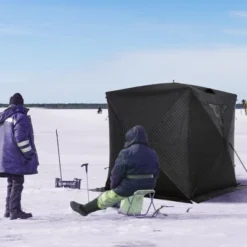 Outsunny 2 Person Ice Fishing Shelter With Padded Walls, Thermal Waterproof Portable Pop Up Ice Tent With 2 Doors, Black