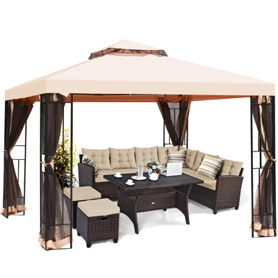 Tangkula 10'x10'Outdoor Canopy Gazebo Art Steel Frame 2-Tiers Party Patio Large Canopy Gazebo W/Netting&Side Walls 5 Tangkula 10'x10'Outdoor Canopy Gazebo Art Steel Frame 2-Tiers Party Patio Large Canopy Gazebo W/Netting&Side Walls - Image 3