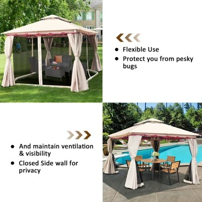Tangkula 10'x10'Outdoor Canopy Gazebo Art Steel Frame 2-Tiers Party Patio Large Canopy Gazebo W/Netting&Side Walls 7 Tangkula 10'x10'Outdoor Canopy Gazebo Art Steel Frame 2-Tiers Party Patio Large Canopy Gazebo W/Netting&Side Walls - Image 5