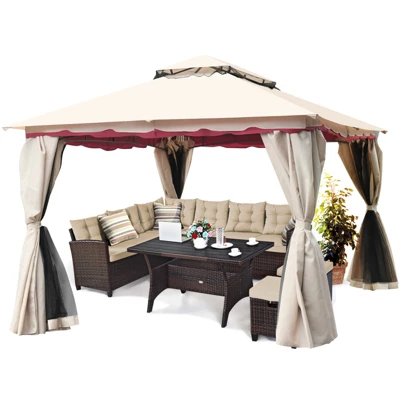 Tangkula 13'x10'Outdoor Canopy Gazebo Art Steel Frame 2-Tiers Party Patio Large Canopy Gazebo W/Netting&Side Walls 4 Tangkula 13'x10'Outdoor Canopy Gazebo Art Steel Frame 2-Tiers Party Patio Large Canopy Gazebo W/Netting&Side Walls - Image 2