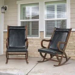 Costway Set Of 2 Rocking Chair With PU Cushion Modern Rocker W/ Rubber Wood Frame BlackRed