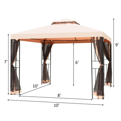 Tangkula 10'x10'Outdoor Canopy Gazebo Art Steel Frame 2-Tiers Party Patio Large Canopy Gazebo W/Netting&Side Walls 6 Tangkula 10'x10'Outdoor Canopy Gazebo Art Steel Frame 2-Tiers Party Patio Large Canopy Gazebo W/Netting&Side Walls - Image 4