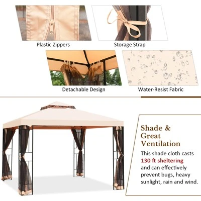 Tangkula 10'x10'Outdoor Canopy Gazebo Art Steel Frame 2-Tiers Party Patio Large Canopy Gazebo W/Netting&Side Walls 9 Tangkula 10'x10'Outdoor Canopy Gazebo Art Steel Frame 2-Tiers Party Patio Large Canopy Gazebo W/Netting&Side Walls - Image 7