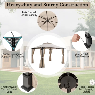 Costway 12' X 10' Outdoor Patio Gazebo Canopy Shelter Double Top Sidewalls Netting Brown Beige 7 Costway 12' X 10' Outdoor Patio Gazebo Canopy Shelter Double Top Sidewalls Netting Brown Beige - Image 5