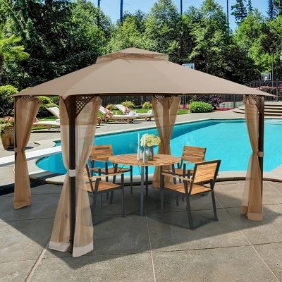 Costway 12' X 10' Outdoor Patio Gazebo Canopy Shelter Double Top Sidewalls Netting Brown Beige 13 Costway 12' X 10' Outdoor Patio Gazebo Canopy Shelter Double Top Sidewalls Netting Brown Beige - Image 11