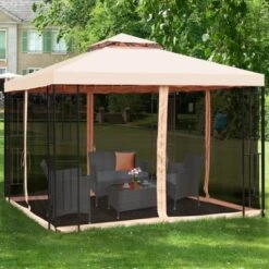 Tangkula 10'x10'Outdoor Canopy Gazebo Art Steel Frame 2-Tiers Party Patio Large Canopy Gazebo W/Netting&Side Walls