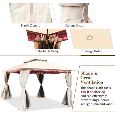 Tangkula 13'x10'Outdoor Canopy Gazebo Art Steel Frame 2-Tiers Party Patio Large Canopy Gazebo W/Netting&Side Walls 10 Tangkula 13'x10'Outdoor Canopy Gazebo Art Steel Frame 2-Tiers Party Patio Large Canopy Gazebo W/Netting&Side Walls - Image 8